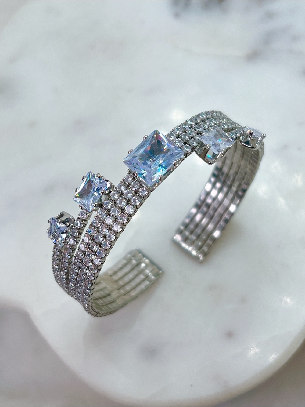 18k white gold plated CZ diamond 6” to 7” cuff bracelet 3 row round marquis cut
